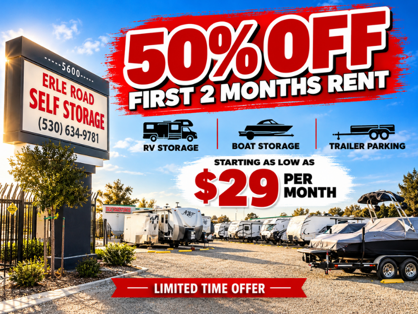 50% Off 2 Months Rent for RV storage, Boat Storage, Trailer Storage, and Vehicle Parking big discounts